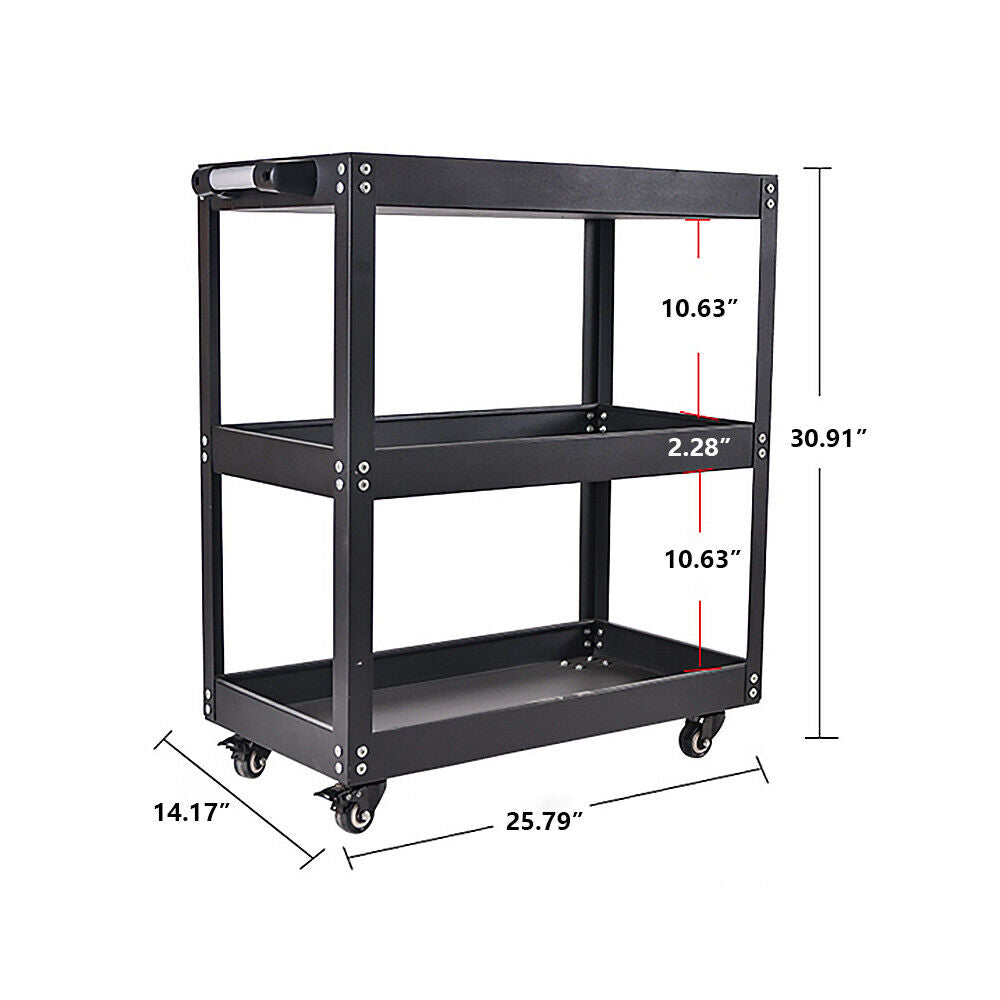 3-Tier Rolling Tool Cart with Wheels - Heavy-Duty Utility Work Cart, 400lbs Capacity, Side Tool Slots & Locking Casters for Garage, Workshop, Home Use