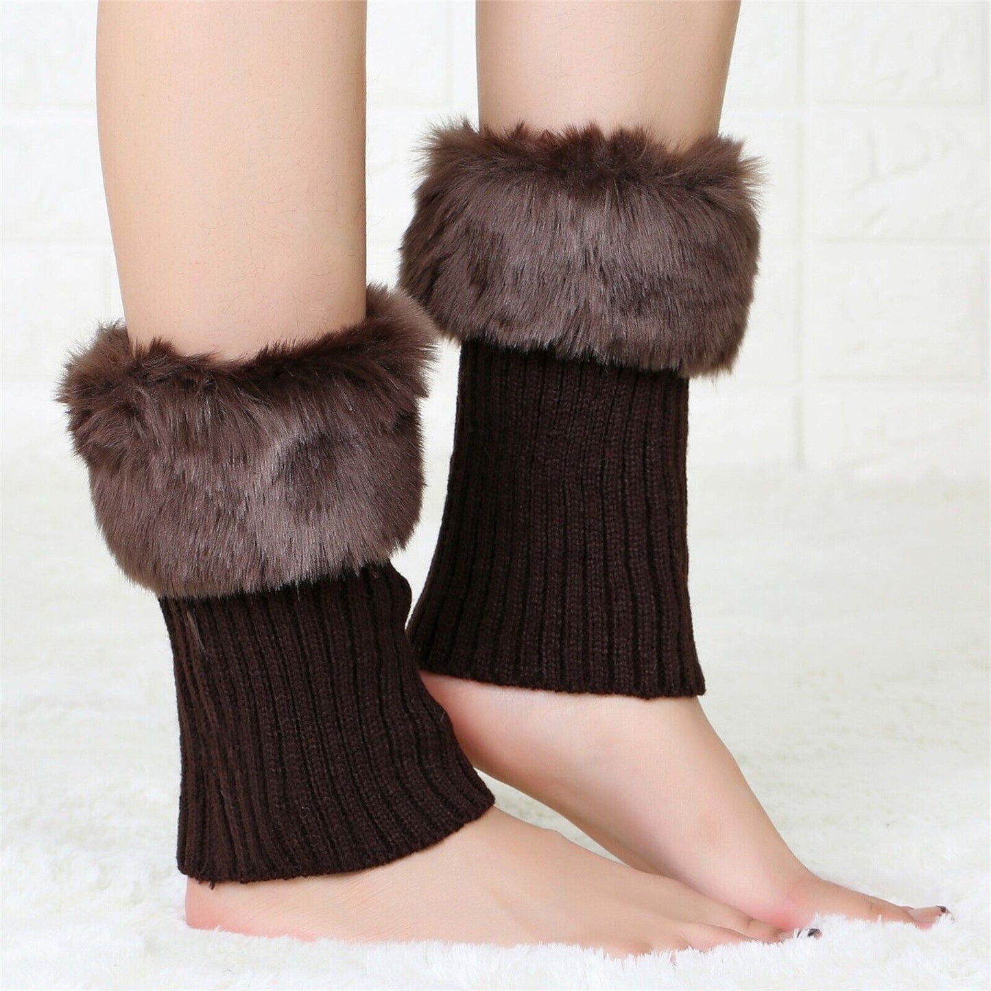 Women Winter Knitted Boot Cuffs Fur Knit Crochet Toppers Trim Socks Leg Warmer