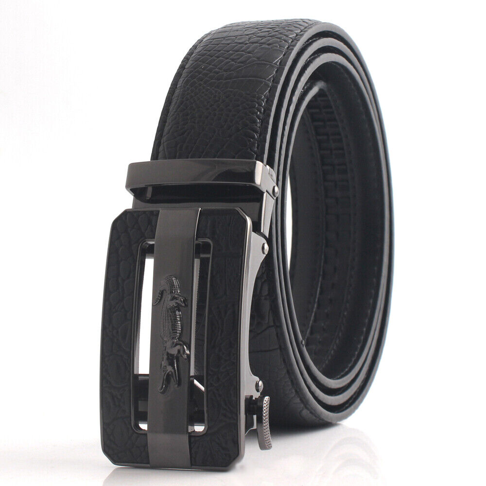 Men's Black Leather Ratchet Belt - Automatic Crocodile Buckle, Adjustable 47" Length, 1.37" Width, Premium Design, Perfect for Any Occasion