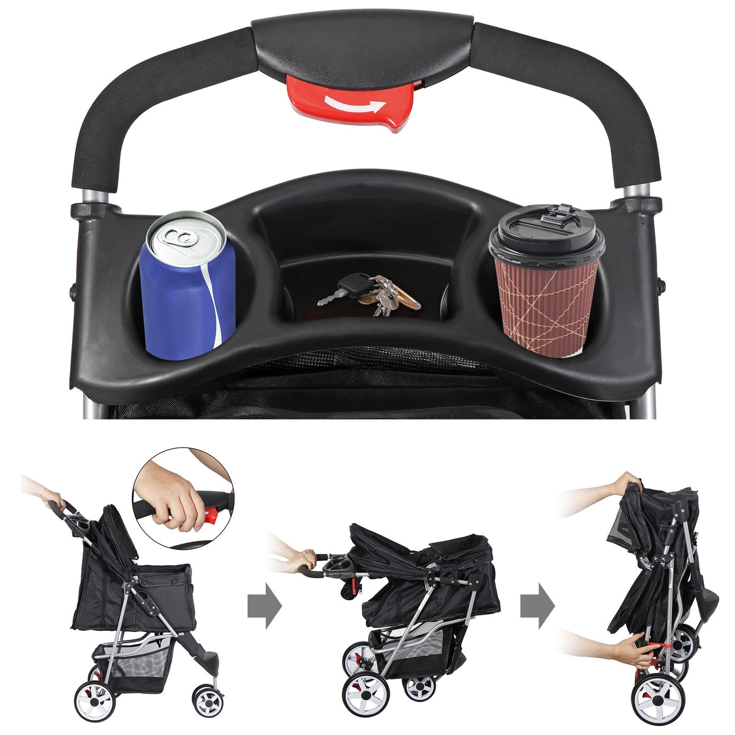 Dog Stroller 3-Wheel Foldable Pet Travel Cart w/ Mesh Window, Cup Holder & Storage - Perfect for Small, or Senior Pets on Walks & Jogs