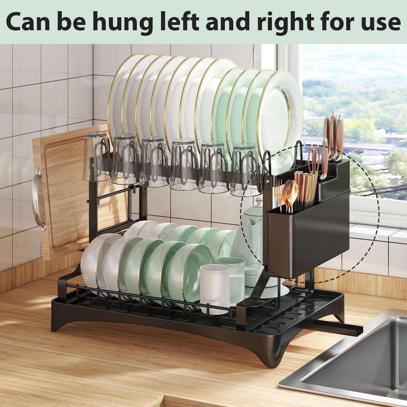 2-Tier Dish Drying Rack for Kitchen | Stainless Steel Organizer with Auto-Draining System, Utensil Holder, Cup Rack | Rustproof & Space-Saving Design