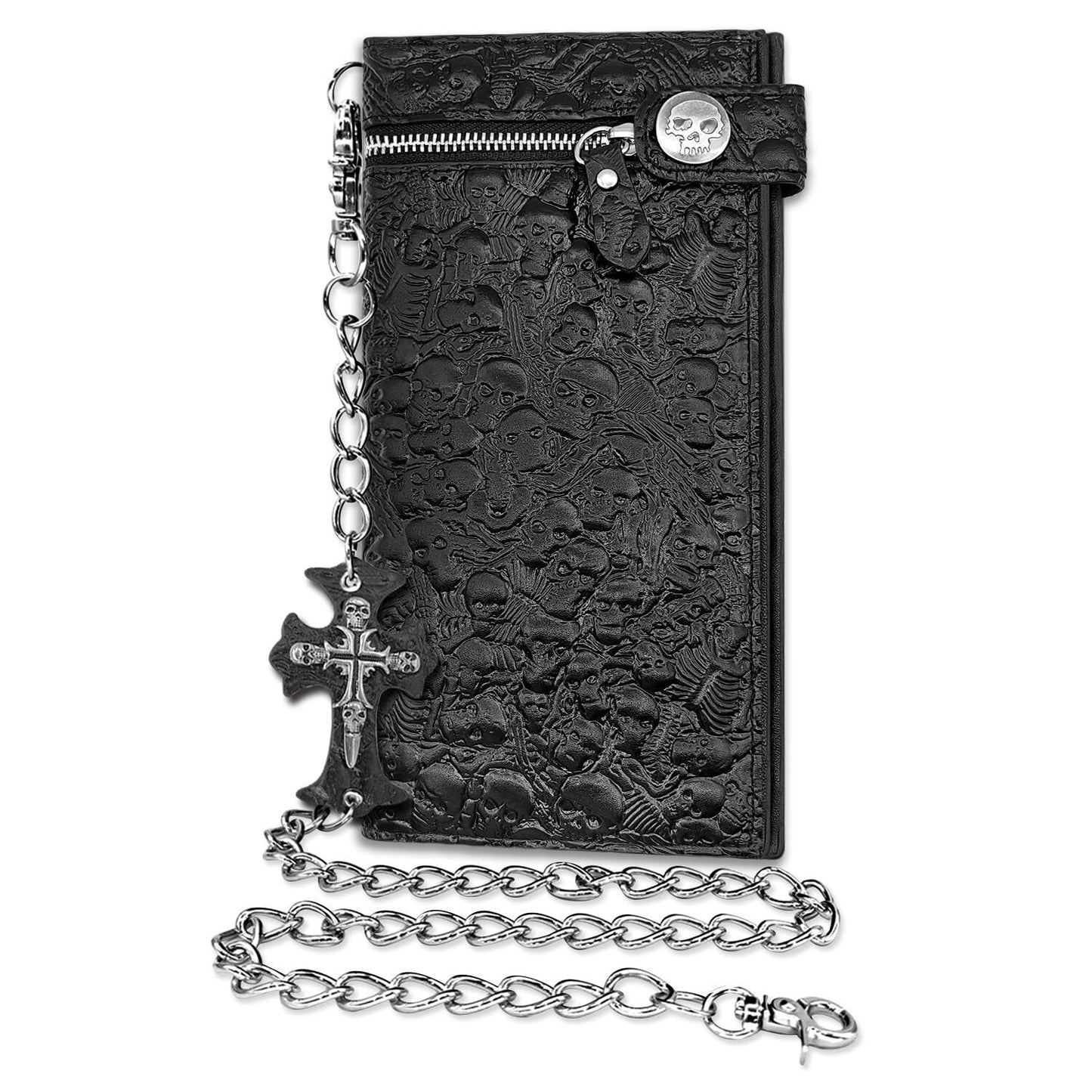 Black Skullet, Skull Gothic Long Wallet with Anti-Theft Chain – Durable Crazy Horse Leather, 13 Card Slots, and 4 Cash Compartments Bold Style for Men