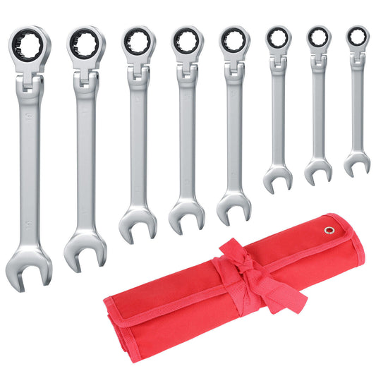 8Pcs Flexible Head Ratcheting Wrench Set 8-19mm – Metric Spanner Tools with 72-Tooth Ratchet, Chrome Vanadium Steel, Roll-Up Storage Pouch