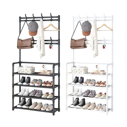 Coat Rack Shoe Bench Combo with 4-Tier Storage Shelves, 8 Hooks | Hallway Entryway Organizer for Coats, Shoe, Hanger Installation Plastic Set Hangable