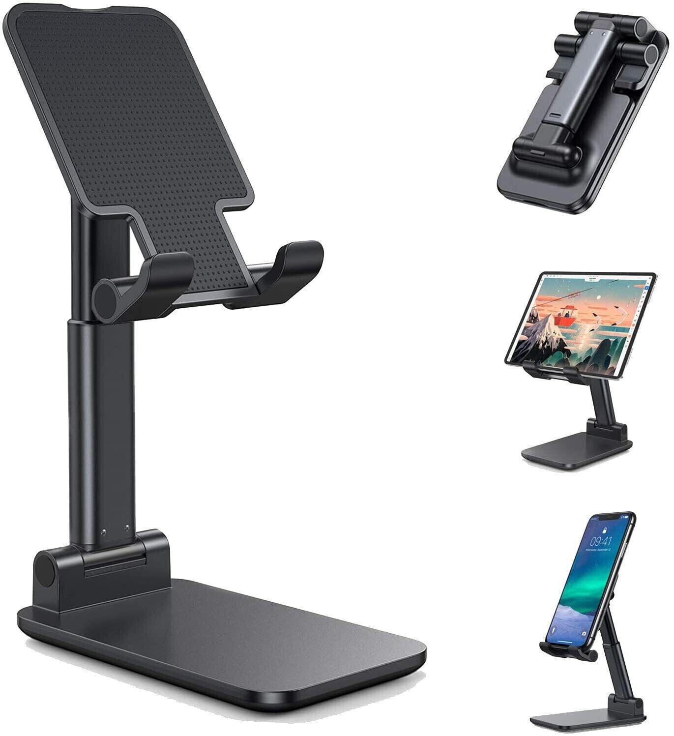 Adjustable Phone Tablet Stand Holder - Cellphone Desk Mount for Smartphone, Height Angle Adjust Landscape, Portable Rubber Foldable Pad Protective