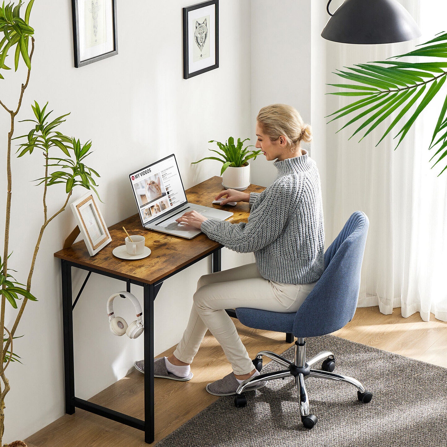 Computer Office Desk Writing Study Work Modern Simple Style Wooden Table with Storage Bag & Iron Hook for Home Bedroom