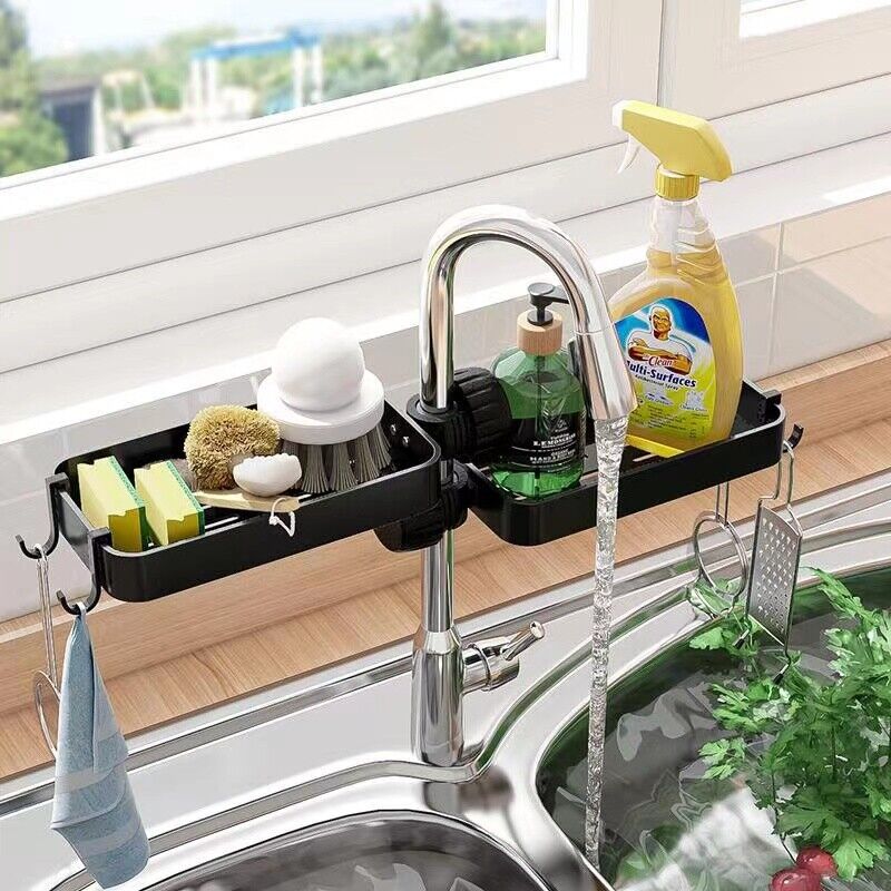 Drain Rack Storage Holder Shelf for Kitchen & Bathroom | Rustproof Sink Faucet Organizer Tool | Easy Hand Installation Stylish Matte Aluminium Plastic