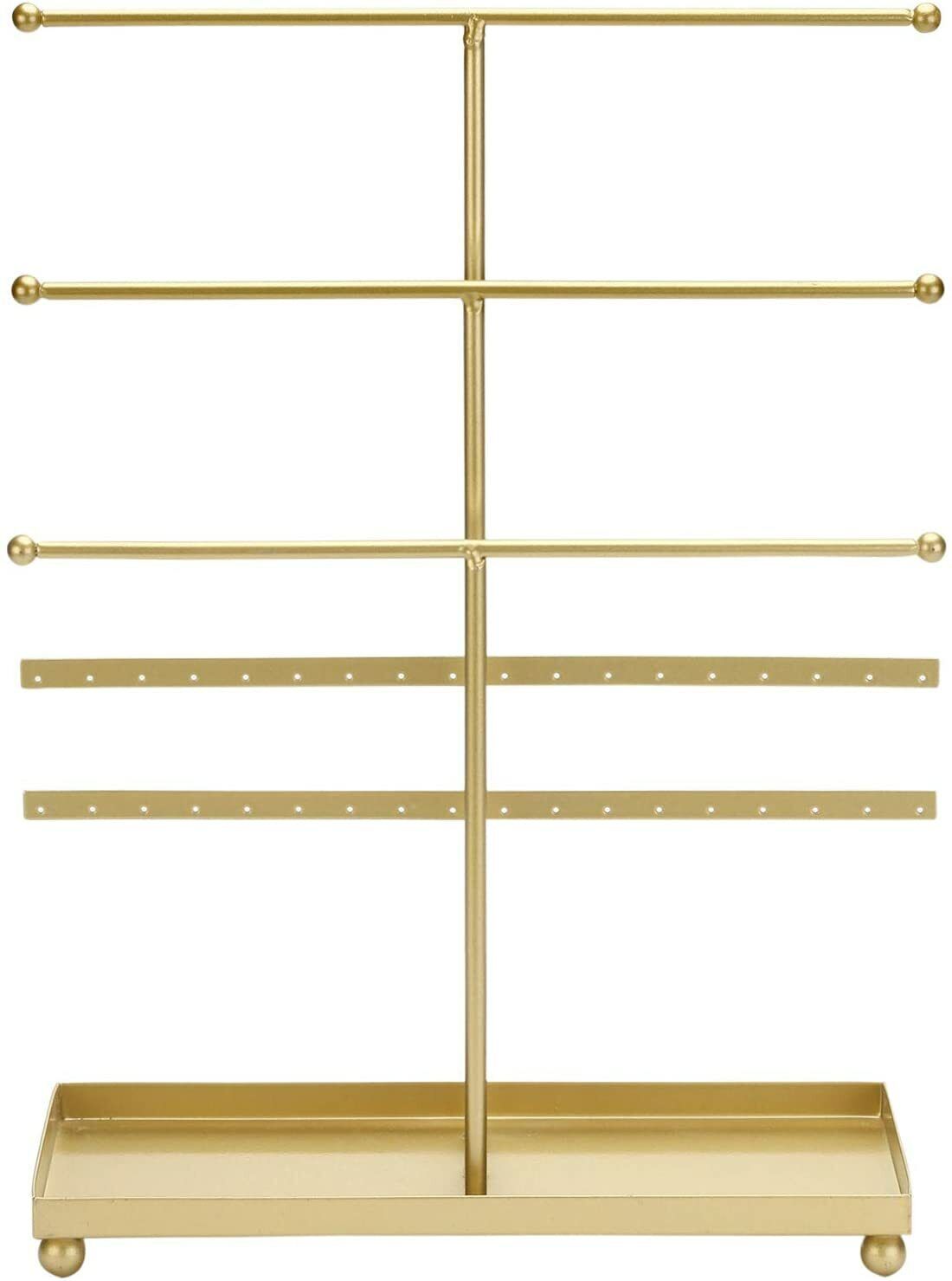 Gold Metal Jewelry Organizer - 5-Tier Tabletop Display Rack with T-Bars, Earring Holder for 18 Pairs, Ring Tray - Perfect for Home or Boutique