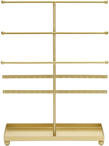 Gold Metal Jewelry Organizer - 5-Tier Tabletop Display Rack with T-Bars, Earring Holder for 18 Pairs, Ring Tray - Perfect for Home or Boutique