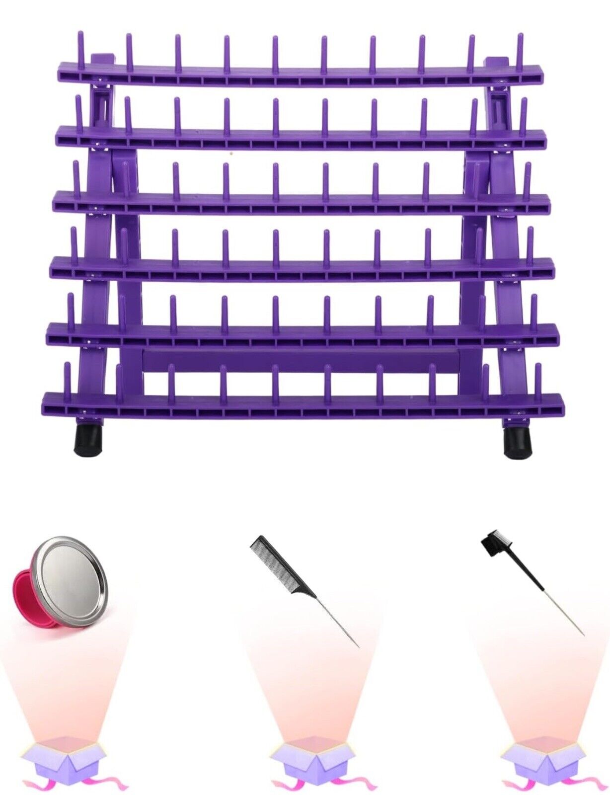 60 Peg Braiding Hair Rack - Portable Hair Extension Holder for Stylists, Durable Foldable Organizer Stand for Quick Access, Purple Design Plastic Tool