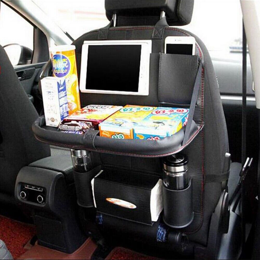 Car Seat Back Organizer with Foldable Tray | Leather Storage Holder for iPad, Snacks, Drinks, & Toys | Dining Table & Pocket Organizer for Travel