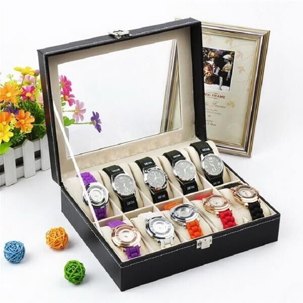 10-Slot Leather Watch Box | Stylish Glass Display Case & Organizer for Jewelry Storage | Compact, Durable, Perfect for Collections & Gifting