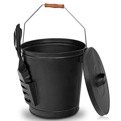 5.15 Gallon Metal Ash Bucket with Lid & Shovel – Fireplace Ash Removal for Fire Pits, Stoves, & Fireplaces, Easy Cleanup, Durable Handle & Wooden Grip