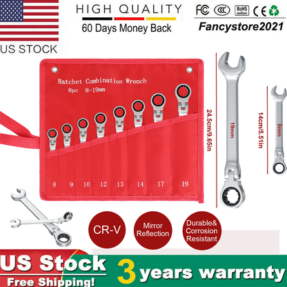 8Pcs Flexible Head Ratcheting Wrench Set 8-19mm – Metric Spanner Tools with 72-Tooth Ratchet, Chrome Vanadium Steel, Roll-Up Storage Pouch