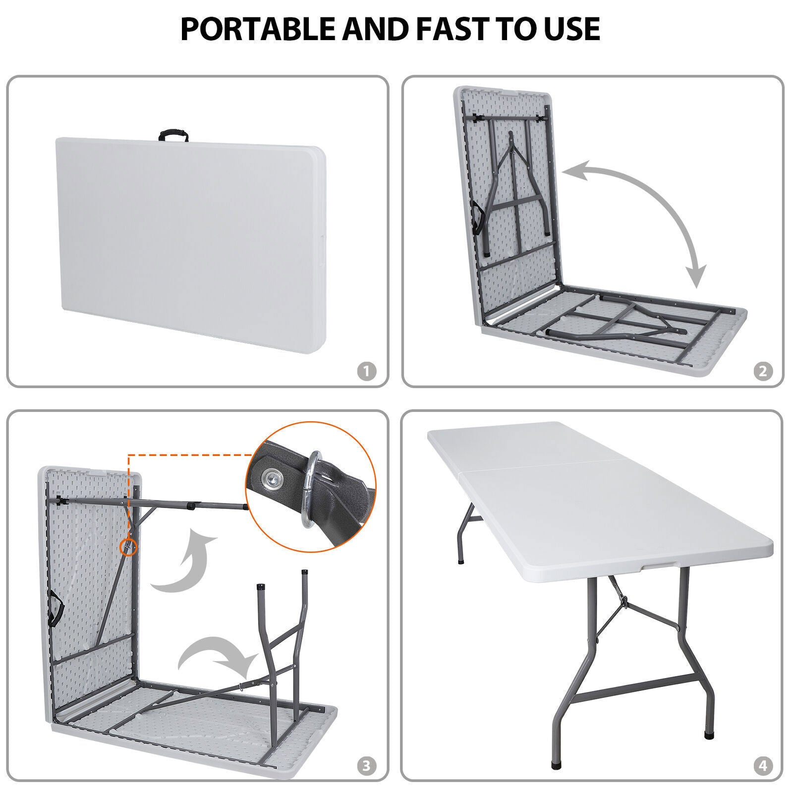 Portable 8ft Folding Table w/ Handle & Lock – Heavy Duty for Camping, Picnics, Parties & BBQs! Durable, Easy to Clean, Compact Storage