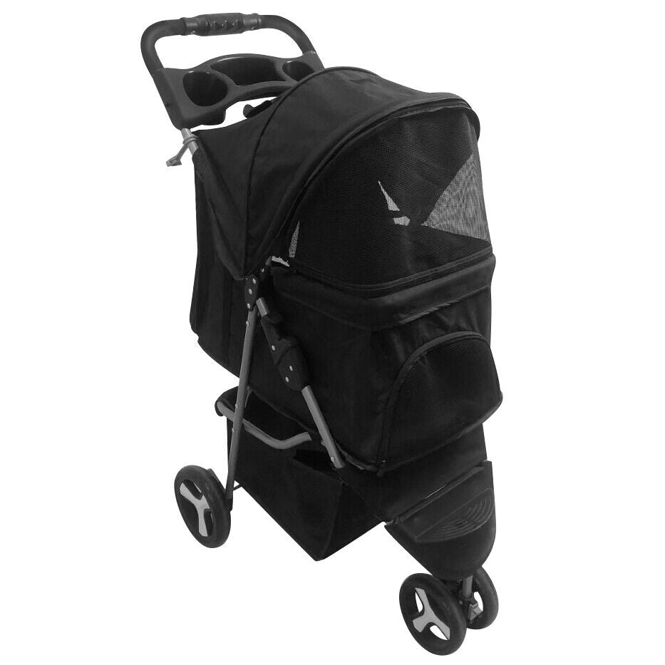 Dog Stroller 3-Wheel Foldable Pet Travel Cart w/ Mesh Window, Cup Holder & Storage - Perfect for Small, or Senior Pets on Walks & Jogs