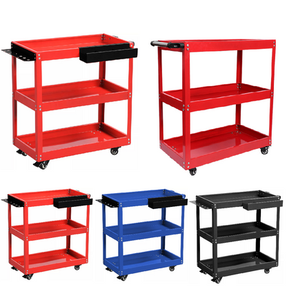 3-Tier Rolling Tool Cart with Wheels - Heavy-Duty Utility Work Cart, 400lbs Capacity, Side Tool Slots & Locking Casters for Garage, Workshop, Home Use