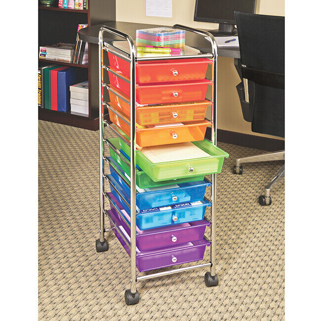 10-Drawer Organizer Cart with Chrome Finish | Classics Rolling Storage Cart for Home, Office, Crafts, and Classroom | Colorful & Versatile