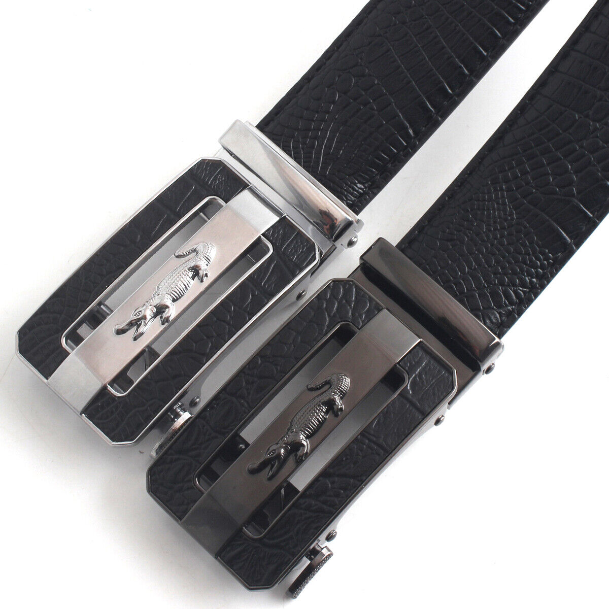 Men's Black Leather Ratchet Belt - Automatic Crocodile Buckle, Adjustable 47" Length, 1.37" Width, Premium Design, Perfect for Any Occasion