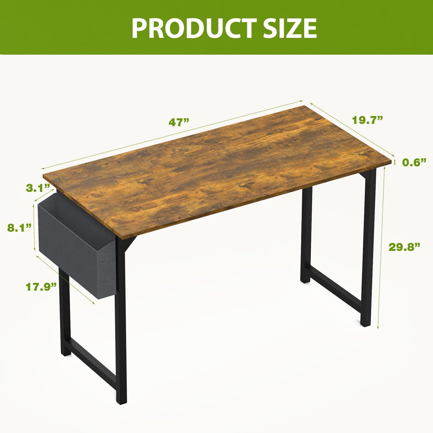 Computer Office Desk Writing Study Work Modern Simple Style Wooden Table with Storage Bag & Iron Hook for Home Bedroom