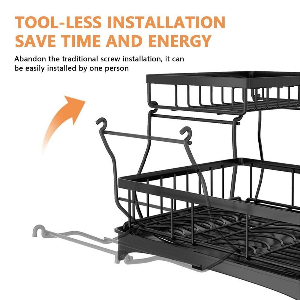 Dish Drying Rack 2-Tier Large - Carbon Steel, Utensil Holder, Drainboard, Fast Drainage, Easy Tool-Free Assembly for Kitchen Countertop Storage Drying