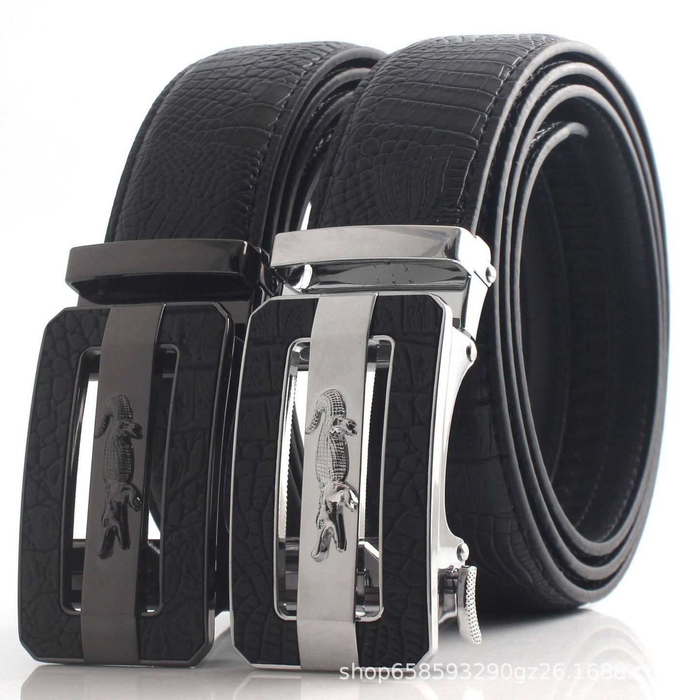 Men's Black Leather Ratchet Belt - Automatic Crocodile Buckle, Adjustable 47" Length, 1.37" Width, Premium Design, Perfect for Any Occasion