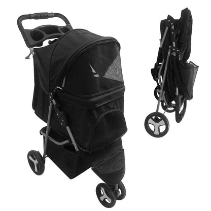 Dog Stroller 3-Wheel Foldable Pet Travel Cart w/ Mesh Window, Cup Holder & Storage - Perfect for Small, or Senior Pets on Walks & Jogs