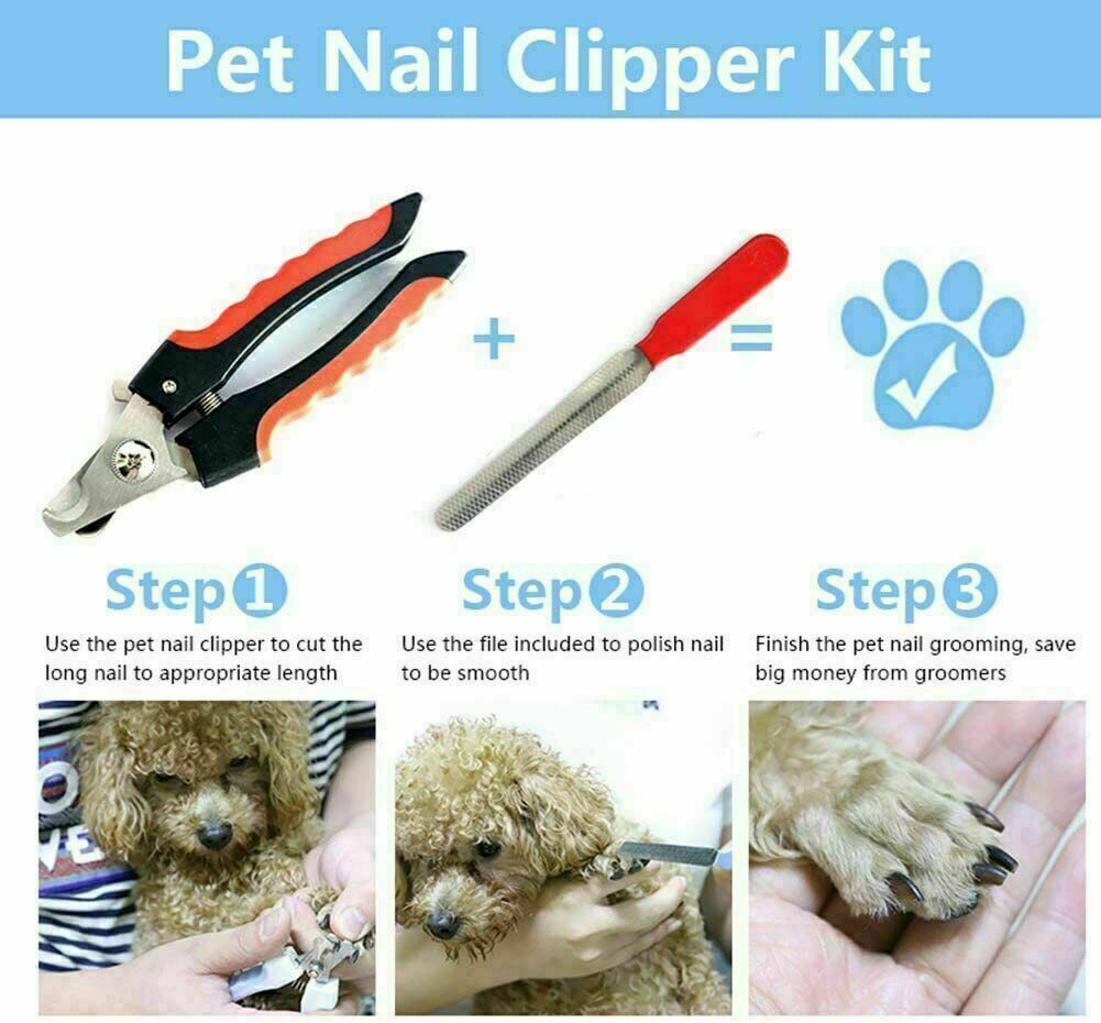 Pet Nail Clippers & File Set - Safe Stainless Steel Trimmer for Dogs Cats, Birds, Anti-Slip Handle, Safety Guard for All Pet Sizes, Easy Grooming Tool