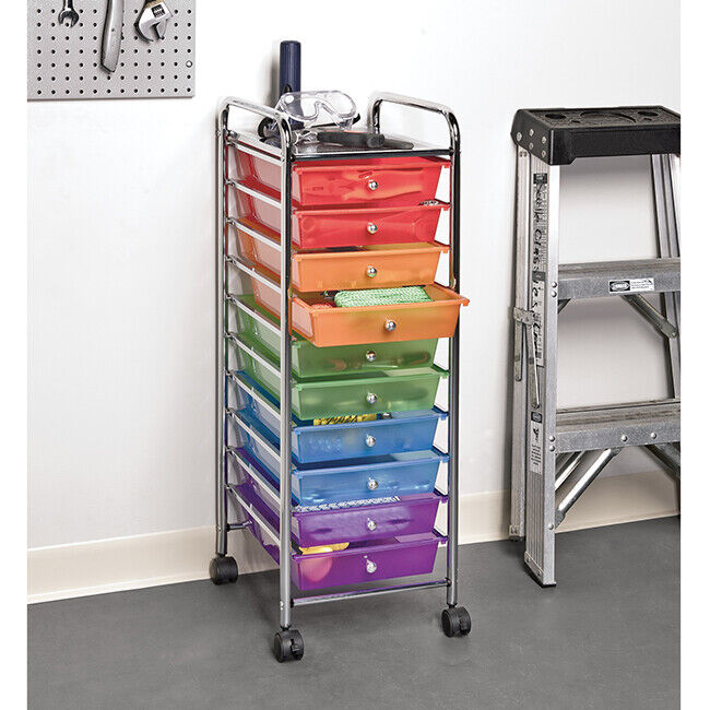 10-Drawer Organizer Cart with Chrome Finish | Classics Rolling Storage Cart for Home, Office, Crafts, and Classroom | Colorful & Versatile