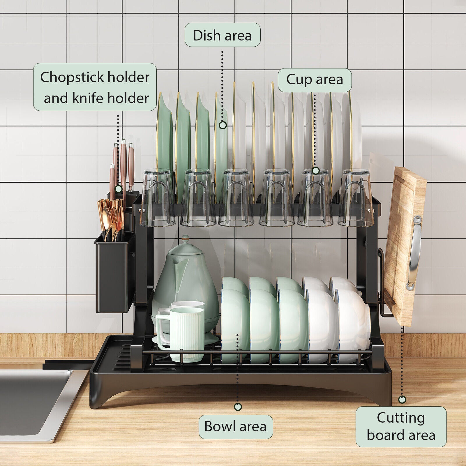 2-Tier Dish Drying Rack for Kitchen | Stainless Steel Organizer with Auto-Draining System, Utensil Holder, Cup Rack | Rustproof & Space-Saving Design