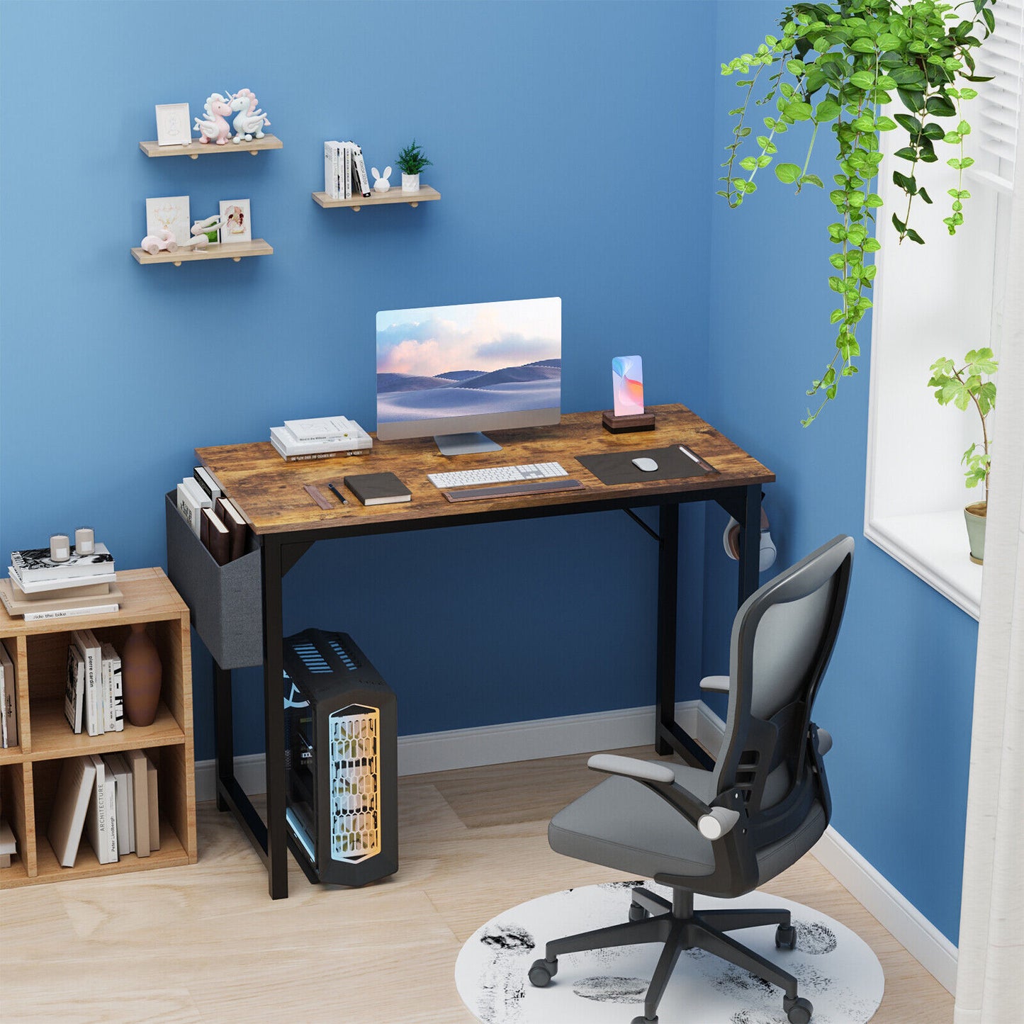 Computer Office Desk Writing Study Work Modern Simple Style Wooden Table with Storage Bag & Iron Hook for Home Bedroom