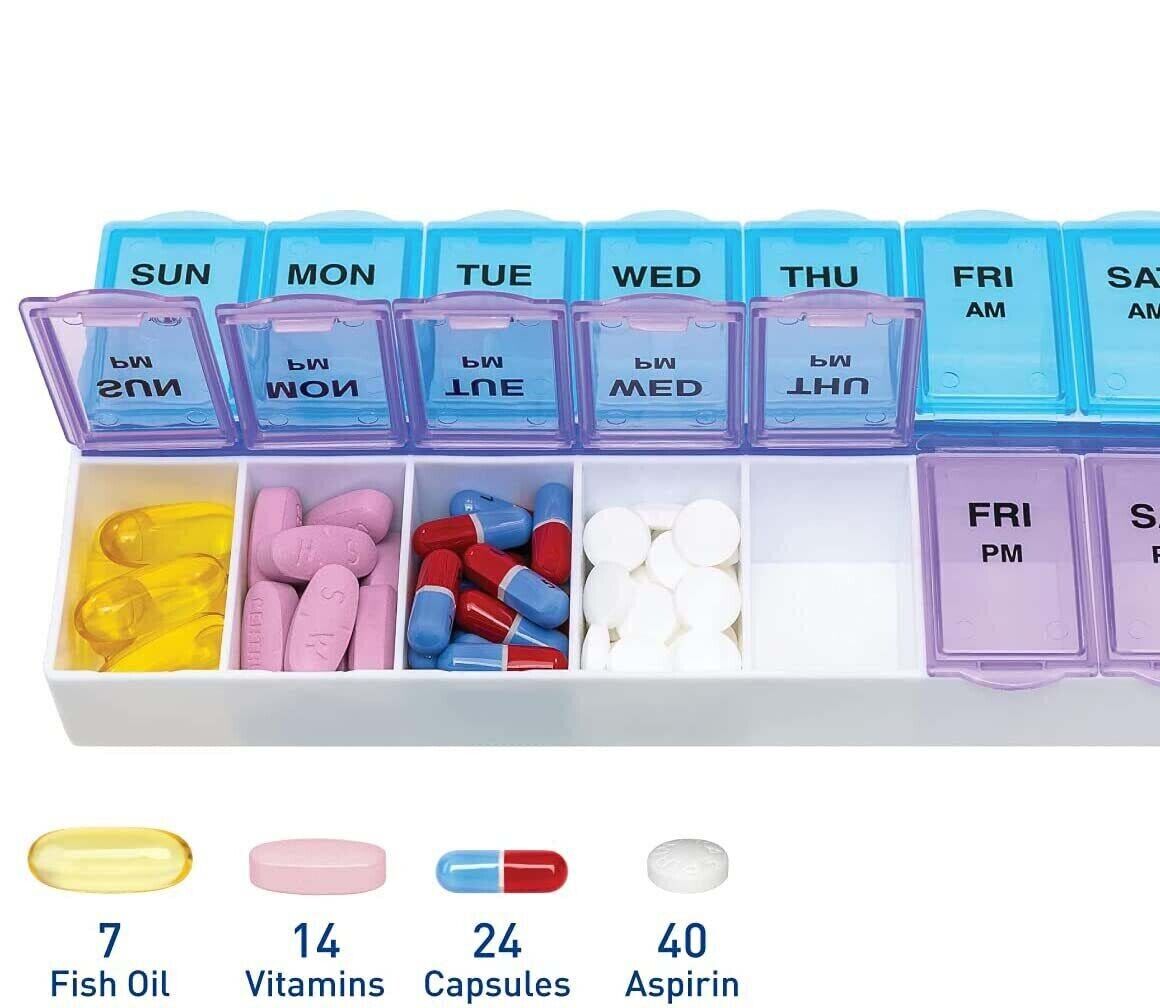 Weekly Pill Organizer 7-Day AM/PM Dispenser - Easy Push Buttons, Clear Lid, Large Compartments for Daily Medication, Perfect for Travel & Home Use