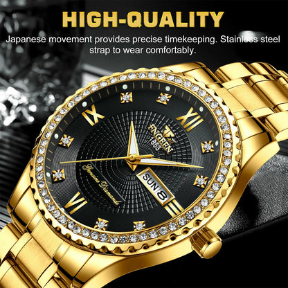 Men's Gold Quartz Watch | Waterproof Stainless Steel Classic with Diamond Accents | Luxury Business Gift for Husband, Friends & More