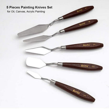 5pc Metal Palette Knife Set for Oil & Acrylic Painting, Stainless Steel Spatulas for Artists, Canvas Art Tools with Wood Handle for Smooth Application