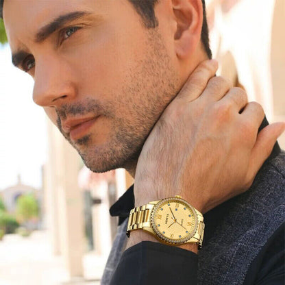 Men's Gold Quartz Watch | Waterproof Stainless Steel Classic with Diamond Accents | Luxury Business Gift for Husband, Friends & More