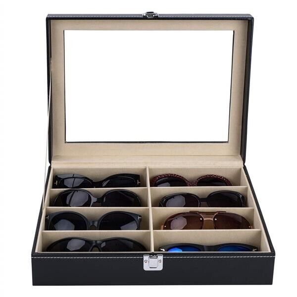 8-Slot Eyeglasses Organizer Box | Stylish Wooden Sunglasses Display Case with Clear Lid | Scratch-Free Storage for Home or Shop Display