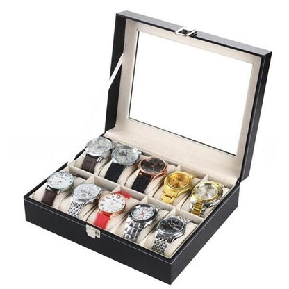 10-Slot Leather Watch Box | Stylish Glass Display Case & Organizer for Jewelry Storage | Compact, Durable, Perfect for Collections & Gifting