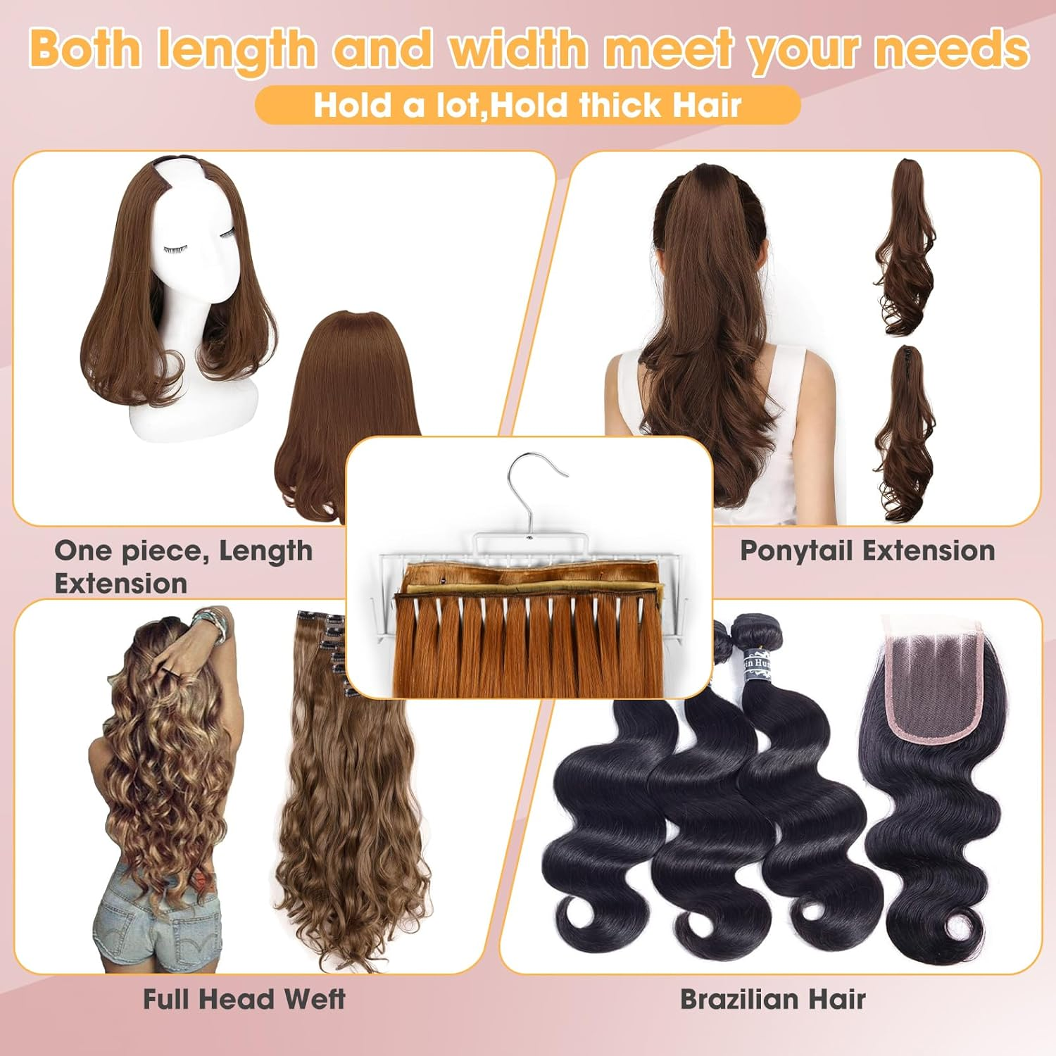 Hair Hanger Extra Wide Hair Extension Holder | Portable Metal Hair Rack for Clip-In, Sew-In, Tape-In Extensions | Holds 3-5 Pieces, Heat-Resistant