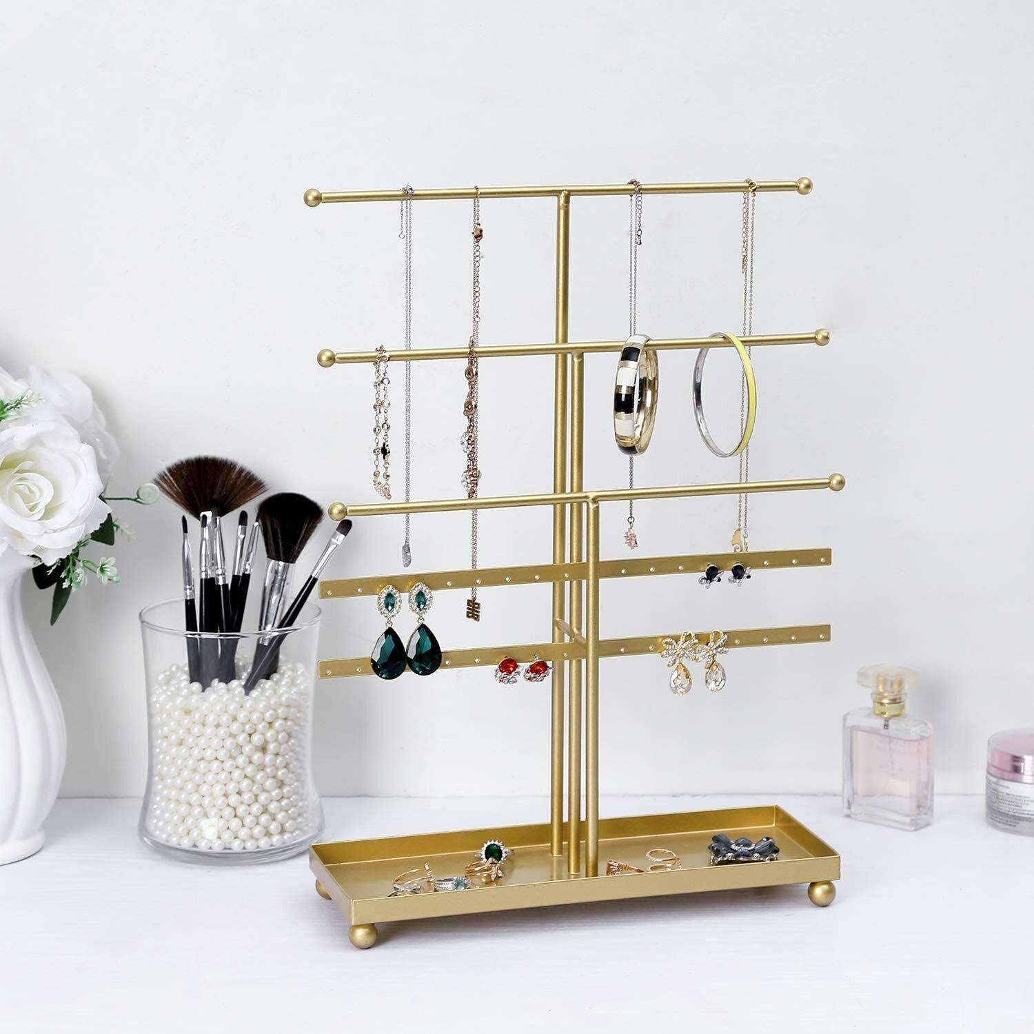 Gold Metal Jewelry Organizer - 5-Tier Tabletop Display Rack with T-Bars, Earring Holder for 18 Pairs, Ring Tray - Perfect for Home or Boutique