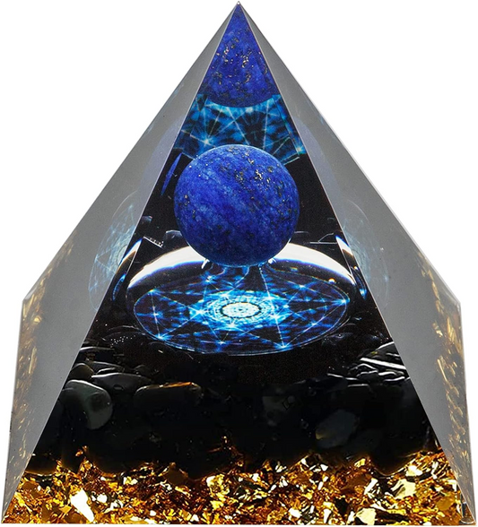 Lapis Crystal Sphere Orgone Pyramid | Chakra Healing Energy Stone | Amethyst & Obsidian for Intuition, Focus, & Luck | Spiritual Décor & Gift Idea