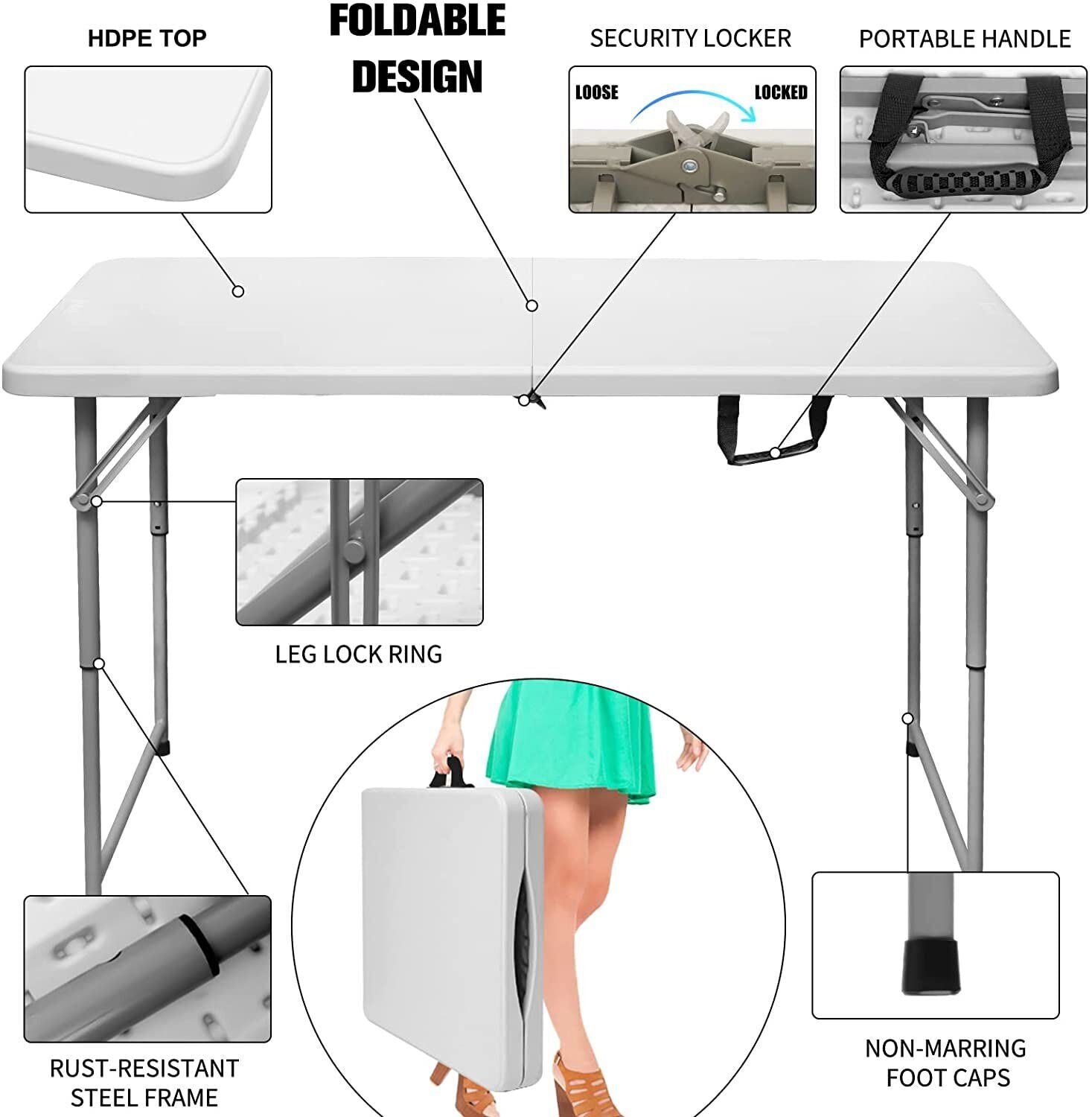 Portable Heavy Duty Folding Camping Table - Adjustable Height, Scratch-Resistant Plastic Desk for Outdoor BBQ, Picnic, Party, Indoor Events