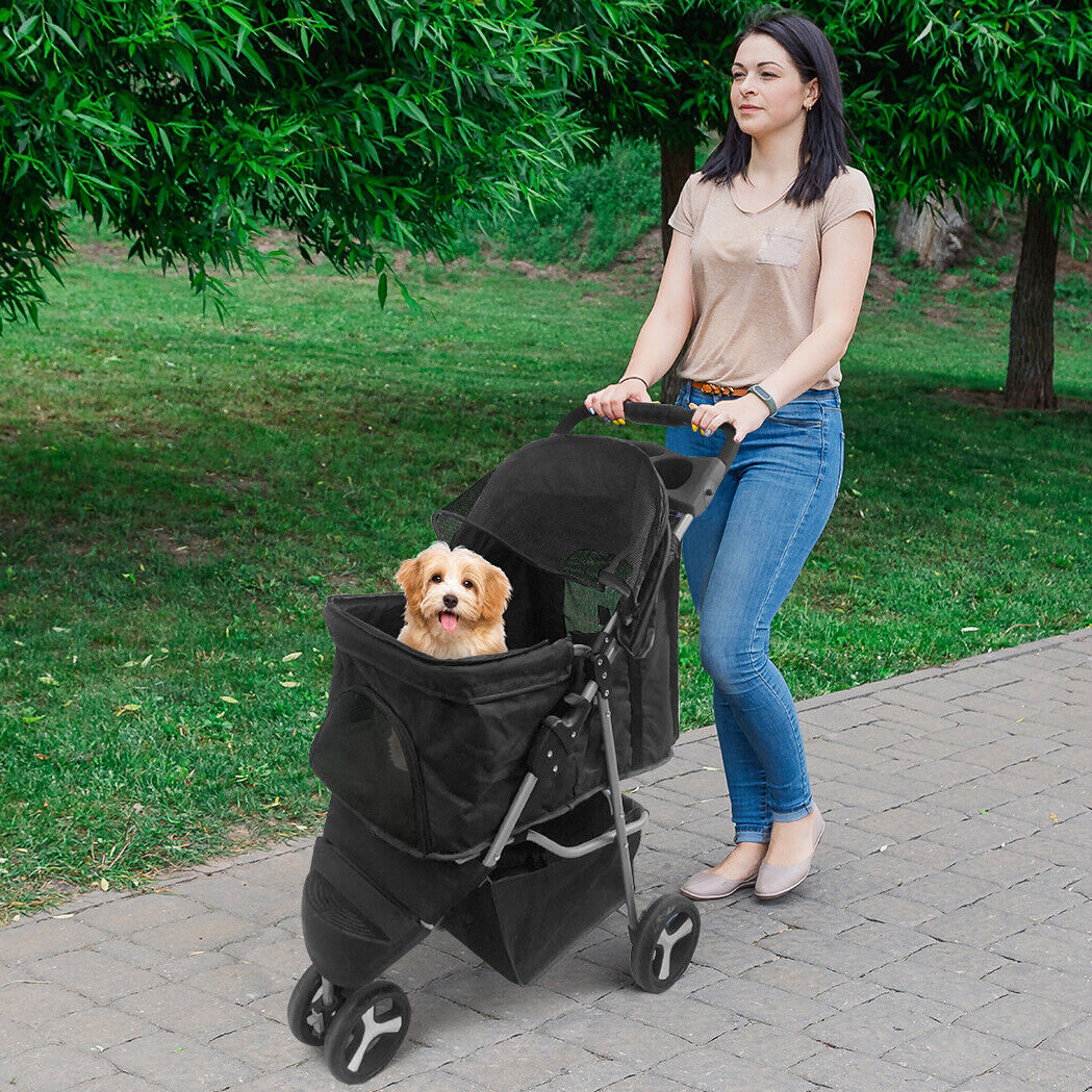 Dog Stroller 3-Wheel Foldable Pet Travel Cart w/ Mesh Window, Cup Holder & Storage - Perfect for Small, or Senior Pets on Walks & Jogs