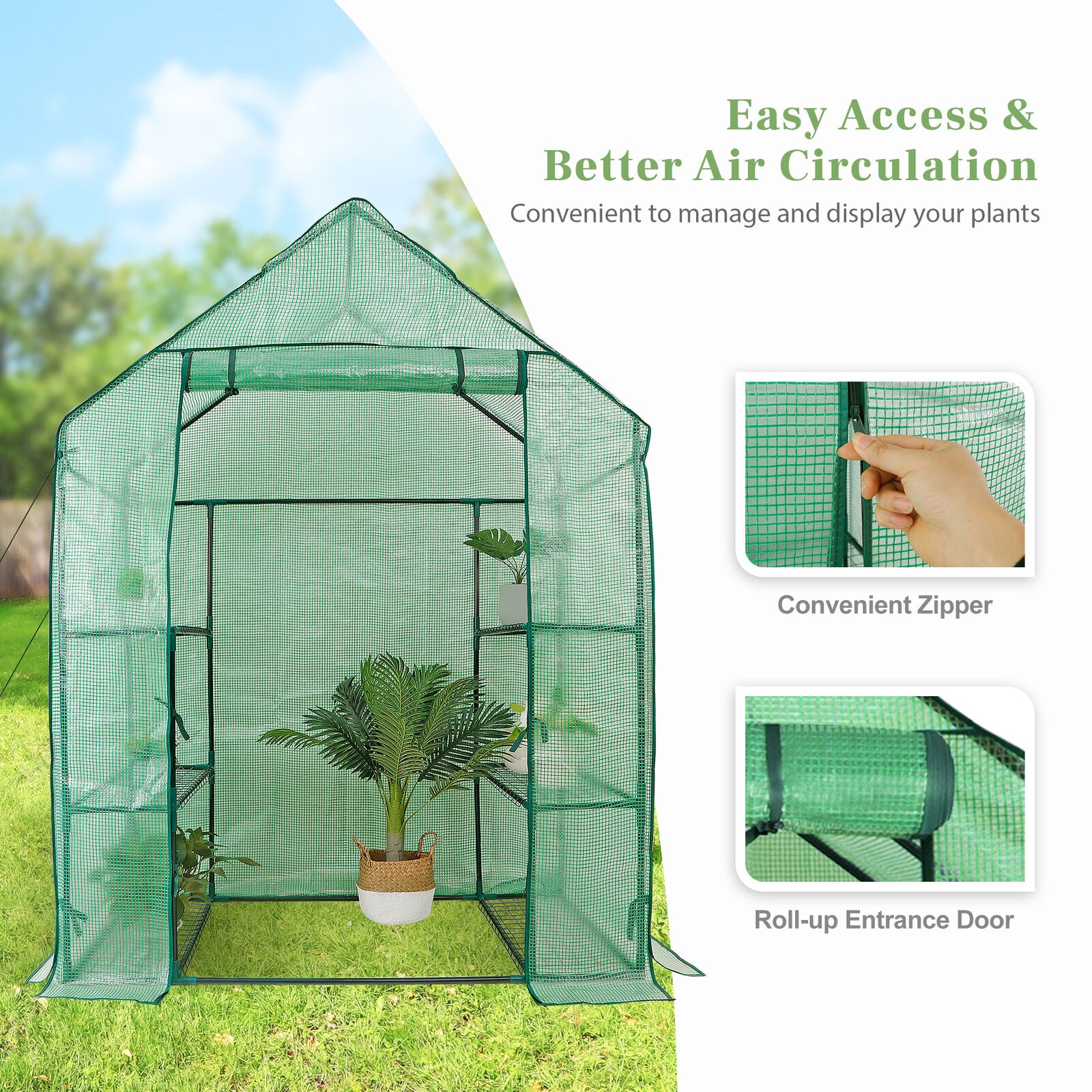 Mini Walk-In Greenhouse with 6 Shelves - 3-Tier Outdoor Planter House, Zippered Door, Weather Protection for Plants, Easy Setup & Durable Design