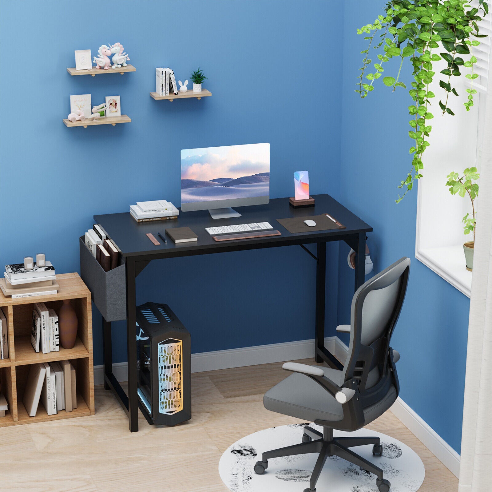 Computer Office Desk Writing Study Work Modern Simple Style Wooden Table with Storage Bag & Iron Hook for Home Bedroom