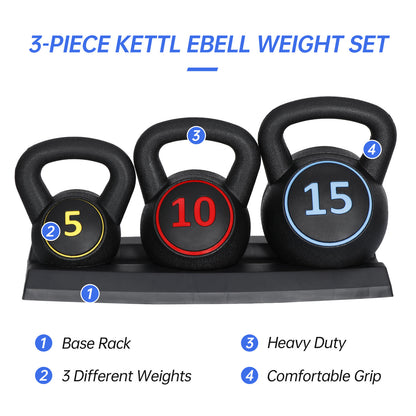 Pro 3-Piece Kettlebell Set with Rack 5, 10, 15lb Weights for Strength Training, Fitness, and Full-Body Workouts, Wide Comfortable Grip, Durable Design