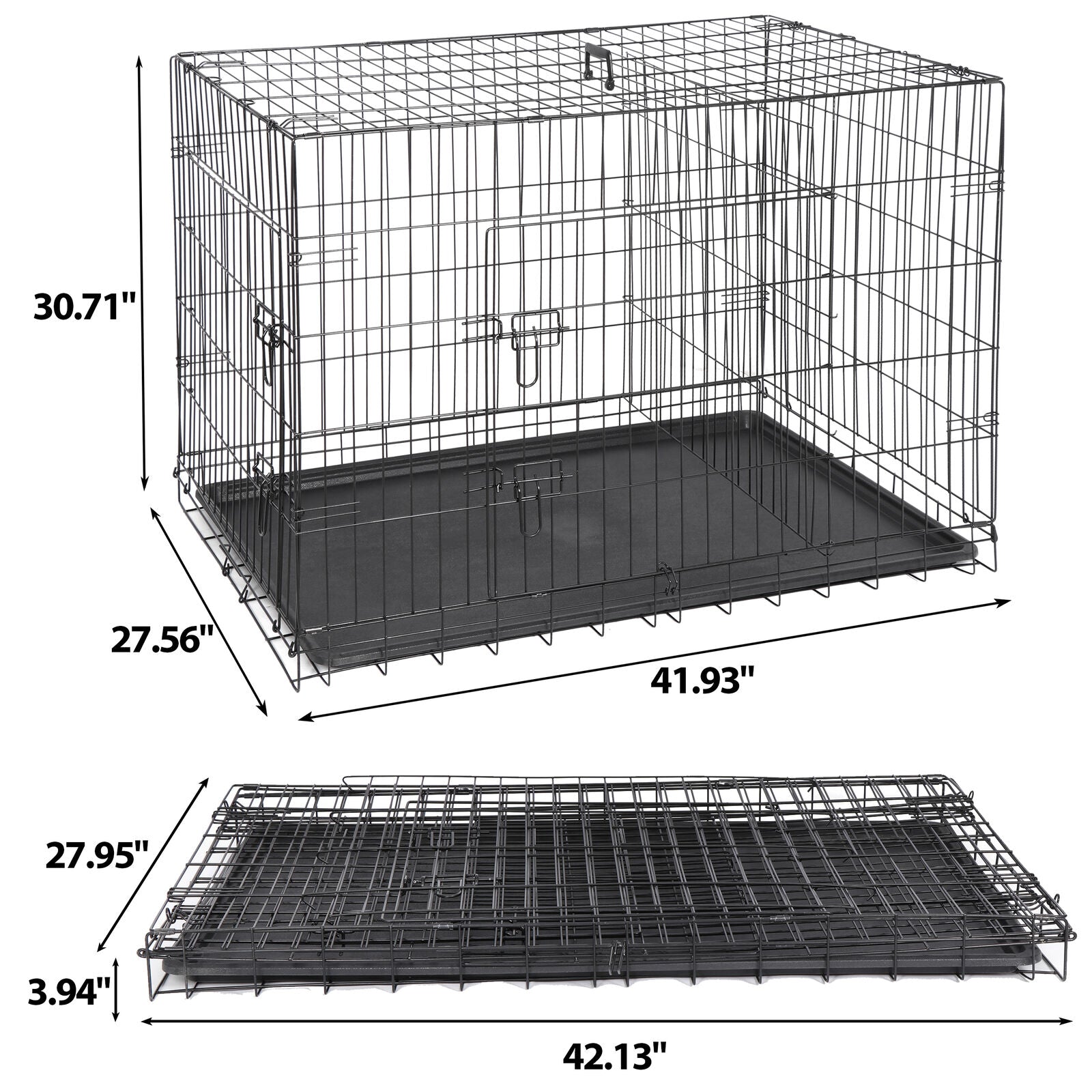 42" Folding Metal Dog Crate Kennel - Double Door Pet Cage with Tray, Secure Slide-Bolt Latches, Easy Clean & Travel Friendly Design for Dogs