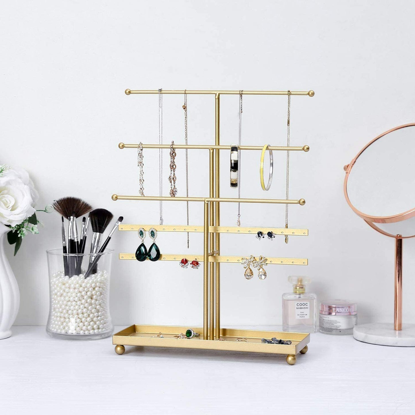 Gold Metal Jewelry Organizer - 5-Tier Tabletop Display Rack with T-Bars, Earring Holder for 18 Pairs, Ring Tray - Perfect for Home or Boutique