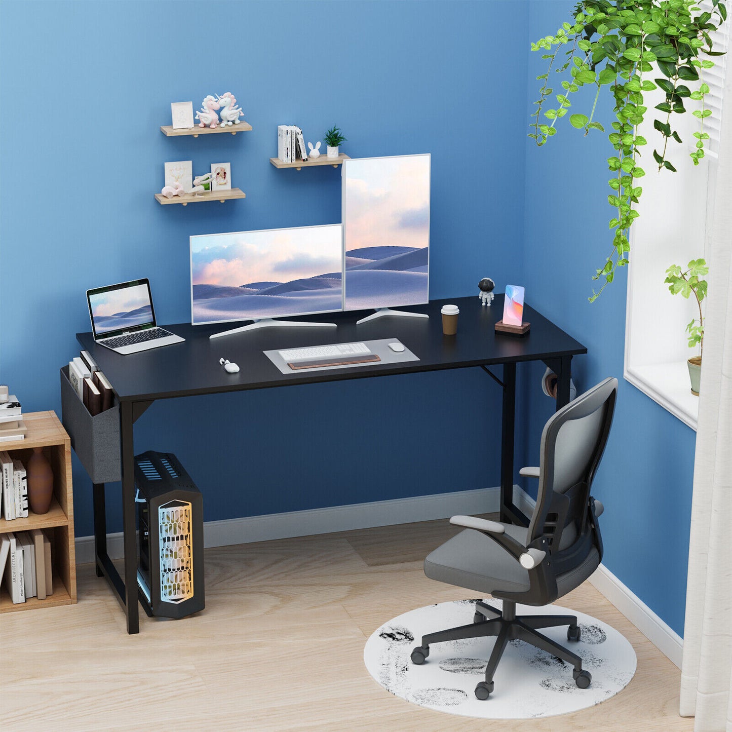 Computer Office Desk Writing Study Work Modern Simple Style Wooden Table with Storage Bag & Iron Hook for Home Bedroom