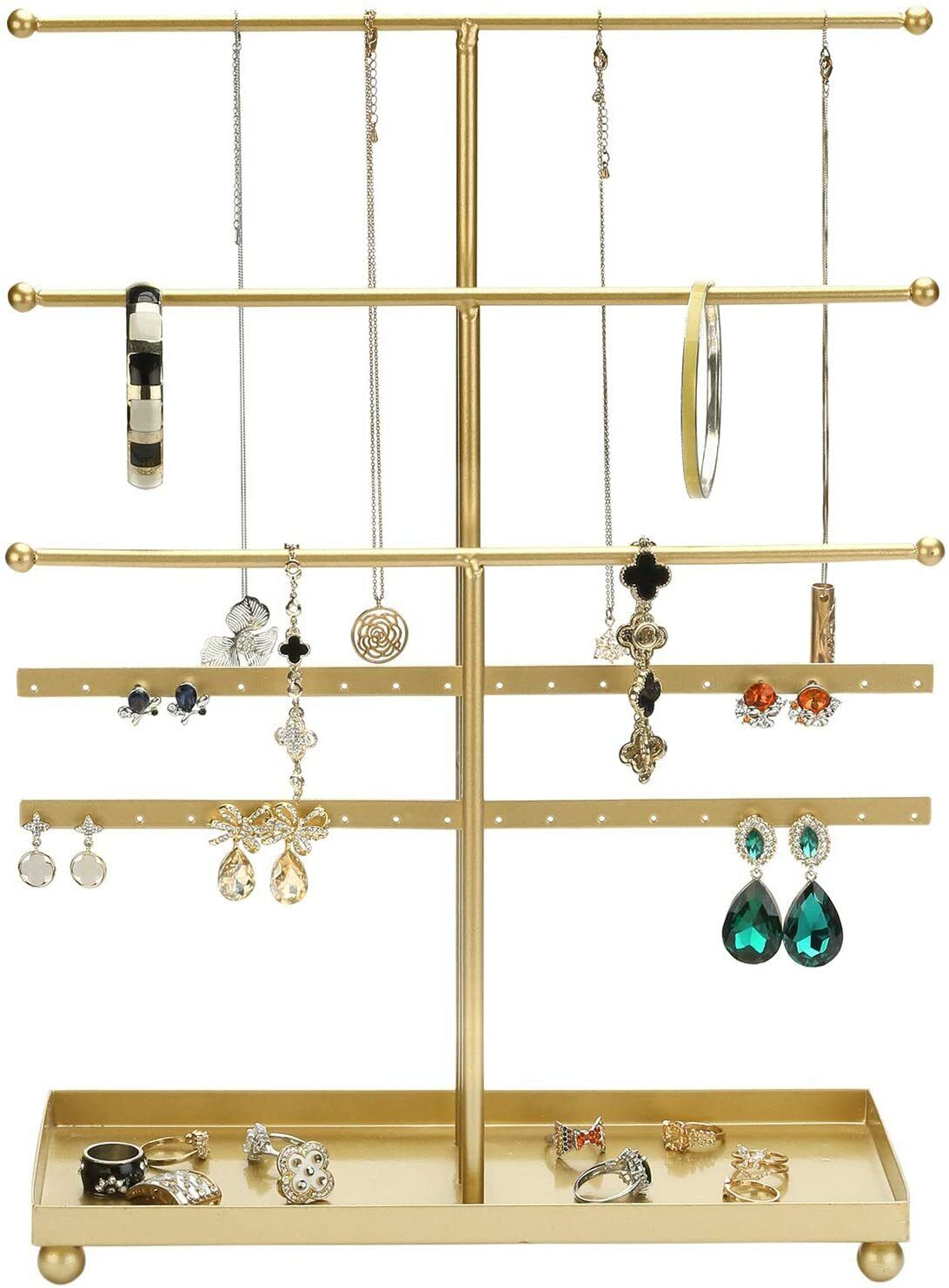 Gold Metal Jewelry Organizer - 5-Tier Tabletop Display Rack with T-Bars, Earring Holder for 18 Pairs, Ring Tray - Perfect for Home or Boutique