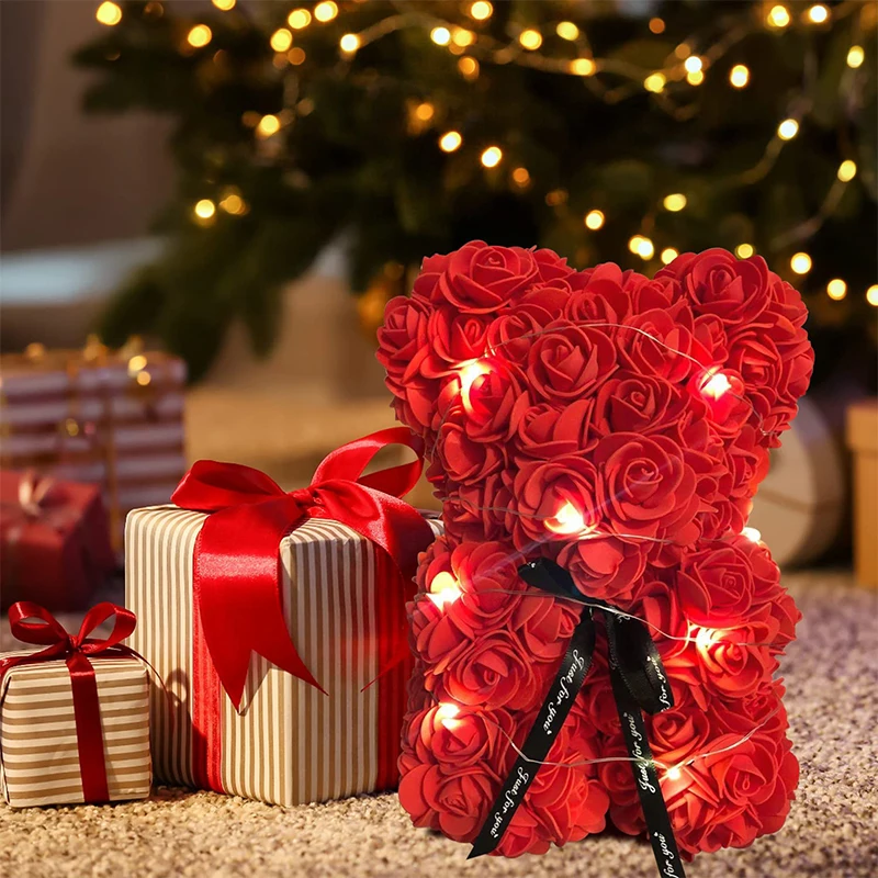 Teddy Bear Rose 10In Flower Rose Bear with Box ＆ Led Light Valentines Gift